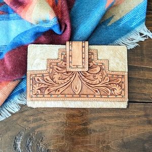 Genuine Tooled Leather and Cow Hair on Hide Wallet - Brown